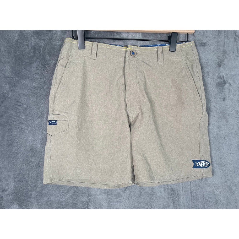 AFTCO Mens AFTECH Fishing Shorts Khaki Tan Size 28 Pocket Stretch 6 Inseam